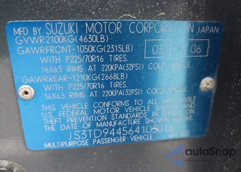 2006 Suzuki Grand Vitara Xsport z USA, uszkodzony, nr VIN JS3TD944564103016